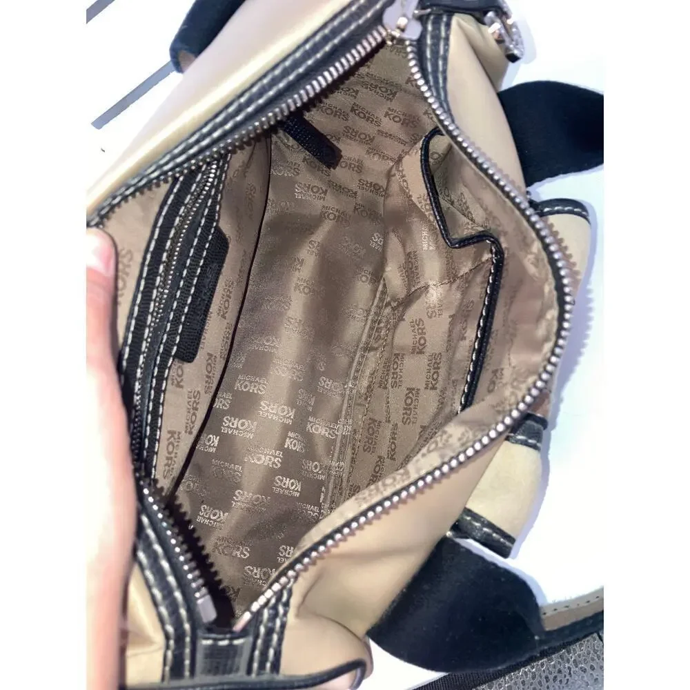 MICHAEL KORS SATIN, CANVAS STRIPED BLINGED MAKEUP DUFFLE BAG